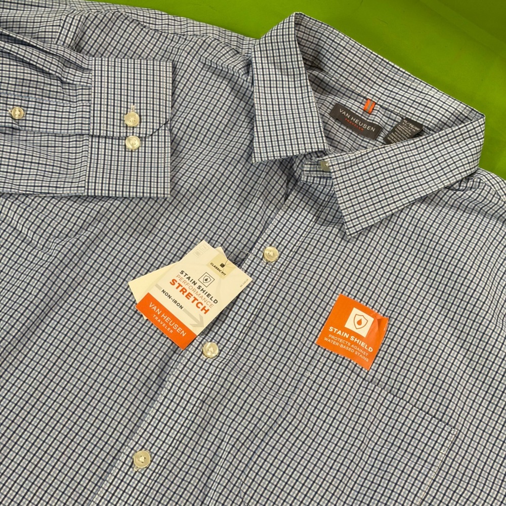 Van Heusen Traveler Mens XL Blue Plaid Shirt Stretch Non-Iron Classic Fit NWT